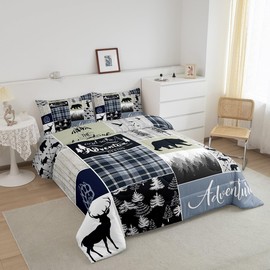 Rustic Deer Bear Comforter Set, Country Farmhouse Bedding Cabin Lodge Decor, Adventure Camping Grid Claw Bedding Comforter Sets Woodland Wild Animal Vintage Duvet Insert For Kids Teens Adult, Twin