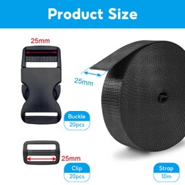 SMYJDMM Nylon Webbing, 25 mm x 10 m Nylon Straps with 20 Pairs of Buckles Nylon Strap with Buckle, Buckles Webbing Set Backpack Buckle Replacement for DIY Craft Backpack Luggage Straps Bag Suitcase
