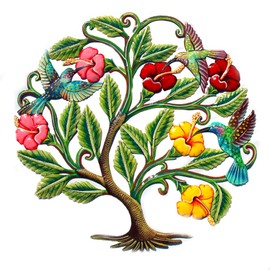 Global Crafts 24" Recycled Hand Painted Haitian Steel Wall Art, Hummingbirds and Hibiscus Flowers