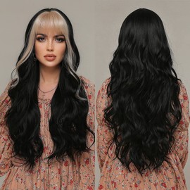 ISHINE Black Wigs for Women, Long Wavy Curly Wigs with Bangs, No Lace Colored Wigs with Bangs, Ombre Blonde to Black Wig, Synthetic Wigs for Daily Cosplay Party Replacement 24inch