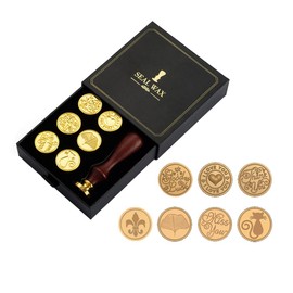 Wax Seal Stamp Set, 7 Pcs Removable Copper Seals and Wooden Handle, for Invitations Cards Wedding Engagement