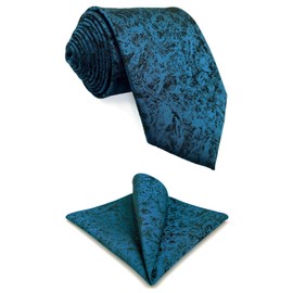 Neckties for Men Suits Dark Teal Black Blue Patterned Tie Set with Pocket Square Extra Long 160cm