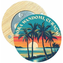 Boka Wandomi Curaçao Beach Sunset Round Wood Magnetic Bottle Opener 2.5" Single