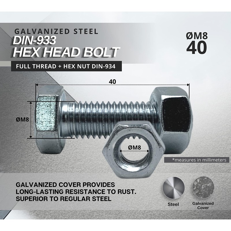 DOJA INDUSTRIAL Hex Screws and Nuts Set, 8 x 40