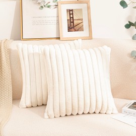 Uhomy 2 Pack Faux Fur Plush Decorative Throw Pillow Covers Fuzzy Striped Soft White Pillowcase Cushion Covers for Living Room Sofa Couch Bedroom, True White 16x16 inch 40x40 cm