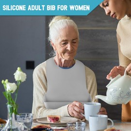 TaoTazon Adjustable Silicone Adult Bib, Washable Bib for Men & Women, Waterproof Bib for Elderly with Crumb Catcher (Grey)