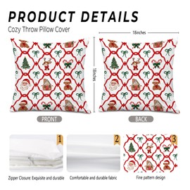 Red and Green Christmas Pillow Covers 18x18, Coquette Christmas Decor, Xmas Bow Candy Cane Reindeer Gingerbread Santa Decorative Throw Pillow Covers for Home Living Room Bedroom