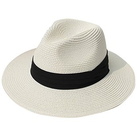 DRESHOW Women Wide Brim Straw Panama Roll up Hat Fedora Beach Sun Hat UPF 50+