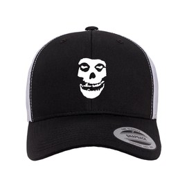 Mari Kyrios Misfit Heat Pressed Fiend Skull Black on White Curved Bill Hat - Adult Mesh Trucker Snap Back Cap