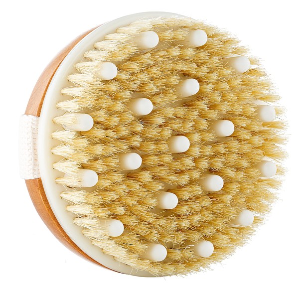 Dry Skin Body Brush - Adjustable Strap with Massage Nodes - Natural Bristle - Removes Cellulite & Dead Skin,Exfoliates, Improves Lymphatic Functions, Stimulates Blood Circulation,Tightens Skin