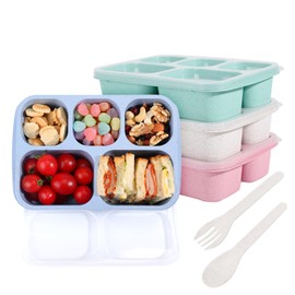 Snack Containers, 4 Pack Lunch Box, Snack Box Containers Reusable for Kids and Adults, 5 Compartment Meal Prep Food Storage Containers for School, Work, Travel(Wheat)