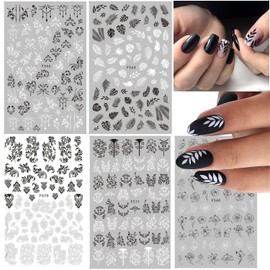 SONGJIE Lace Flowers Nail Stickers,5Pcs Valentine Wedding Nail Decals White Black Lace Floral Nail 3D Stickers Leaf Flower Butterfly Elegant Wedding Nail Design Manicure Décor