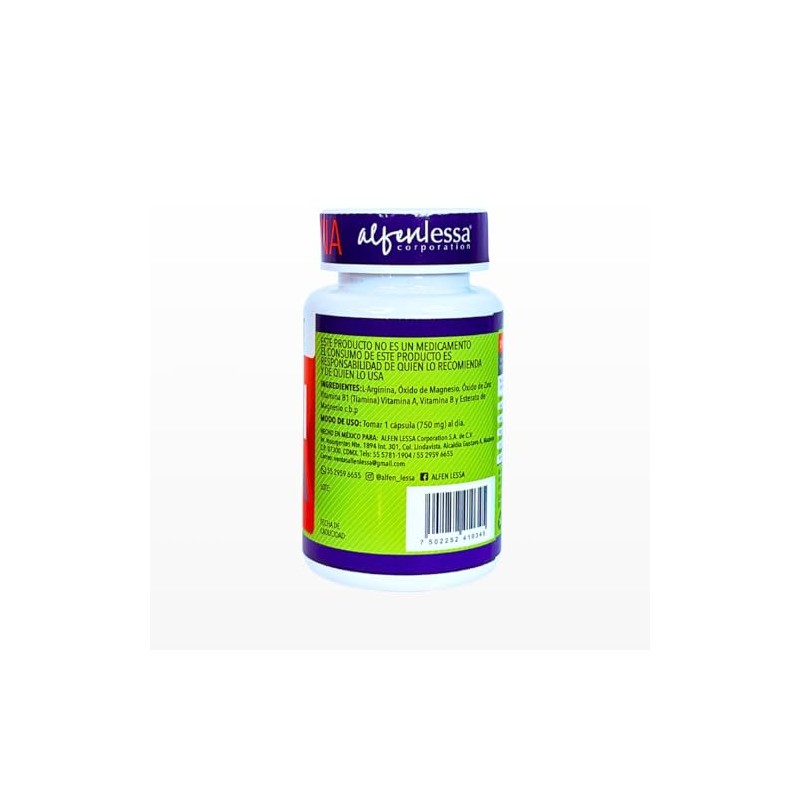 Arginina, suplemento alimenticio, frasco con 60 cápsulas.