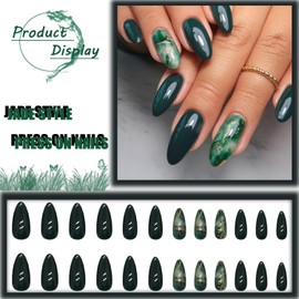 Press on Nails with Jade Designs Glossy Jade Green Medium Almond Shape Marble Style Fake/False Nails Gold Curve Full Cover Acrylic Nails X Glue Stick on Artificial Fingernails for Women Girls