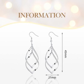 Double Twisted Linear Drop Statement Earrings Sterling Silver Dangle Earrings for Women Marquise Loops French Wire Drop Dangle Earrings for Women Anniversary Birthday Gifts (Leaf)