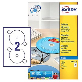 Avery J8676-25 Printable, Customisable Full Face CD Labels, 2 Labels Per A4 Sheet, White