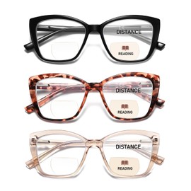 PUBOWT Bifocal Reading Glasses For Women Cat Eye Oversized Spring Hinge Frame Blue Light Computer Fashion Readers Clear Top No Line Ladies Large Stylish Progressive Invisible Eyeglasses PT2001 +3.0