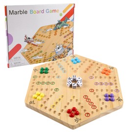 NRZSSN Original Marble Game Wahoo Board Game Double Sided Painted Wooden Fast Track Board Game for Family Friends and Party 6 and 4 Players 6 Colors 24 Marbles 6 Dice