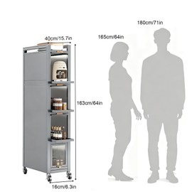 Rolling Spice Rack Next to Fridge Slim, Freestanding Narrow Tall Sideboard Shelf, with Transparent Flap Door Design, Pull Out Cabinet Organizer for Small Space Kitchen Space Saving (Grey, 5T-16cm)