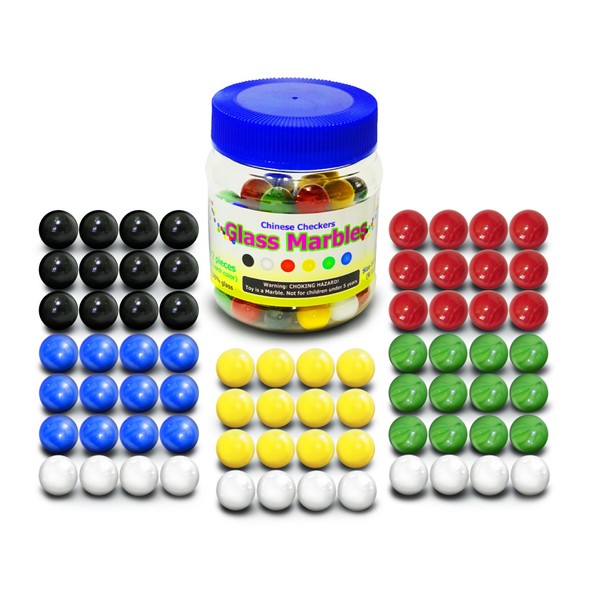 Super Value Depot Chinese Checkers Glass Marbles. Set of 72, 12 Each Color. Size 9/16” (14mm), with Practical Container.