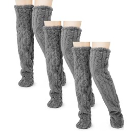 Geyoga 3 Pairs Over Knee Fuzzy Socks High Fuzzy Leg Warmers Over Knee Plush Slipper Socks for Women Christmas Sleeping(Light Gray)