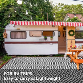 Outdoor Patio Plastic Straw Rug - 9'x12' Outdoor Camping Rug Waterproof Reversible, Area Carpet Patios Clearance RV, Outside Porch Balcony Deck for Camper, Black & White