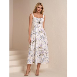 KUTUMAI Floral Corset Midi Dress Lace Up Cutout Flowy Summer Wedding Guest Dresses for Women Sundress with Pockets WhiteLilacFloral XL