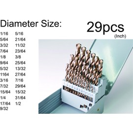 29PCS, HSS Jobber Length Cobalt Drill Bits Set 1/16" - 1/2" in Metal Case