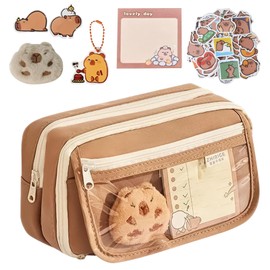 SelWatty Capybara Pencil Case, 8.26 × 5.11 × 2.95 Inch, Large Capacity Zipper Pencil Pouch, Cute Clear Pencil Case, Zipper Pencil Pouch, Comes with Medals, Stickers, Pendant, Memo Pad (B)