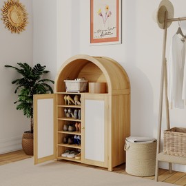 GarveeHome 5 Tier Arched Shoe Storage Cabinet with Rattan Doors, Farmhouse Freestanding Shoe Rack Cabinet with Adjustable Shelves for Entryway, Hallway, Living Room, Natural Wood