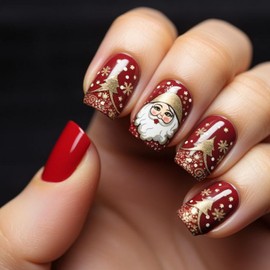 24 Pcs Christmas Press on Nails Red Glossy Fake Nails with Santa Claus Snowflake Xmas Tree Design Golden Glitter False Nails Short Square Shaped Acrylic Nails Winter Xmas Decoration for Women