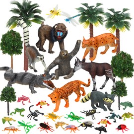 MiniInflat 39 Pcs Rainforest Animals Figures Toys Set Assorted Creatures Rain Forest Diorama Kit Supplies Miniature Model Trees for Educational Toys Birthday Party Favors Piñata Fillers