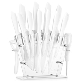 D.Perlla Knife Set 16 Piece High Carbon Stainless Steel, White Knife Set with Acrylic Holder and Serrated Steak Knife Block Kitchen - Color: Rainbow