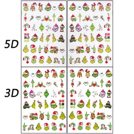 4 Sheets Christmas Nail Art Stickers Cute Green Monster 5D Self-Adhesive Xmas Nails Decals Designs Winter Funny Cartoon 3D Christmas Nail Stickers Decals Supplies for Women Nail DIY Art Decoration