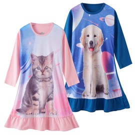 Girls Nightgowns Kids Pajamas Night Dress Long Sleeve Sleepwear Cotton Night Gown Cat Puppy (2-Pack,4-5 Years,Medium)