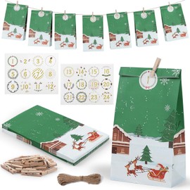 2024 Advent Calendar for Filling, 24 DIY Advent Calendars to Fill Yourself, Christmas Calendar for Filling, Advent Calendar Bags with Stickers and Wooden Clamp for Children and Adults - Green