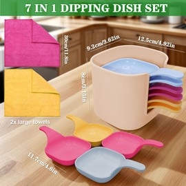 Dipping Sauce Bowls of 6 with 2 towels - Plastic Small Dipping Sauce Cups with Stacking Stand, Soy Sauce Dish with Handle, Seasoning Dipping Bowls for Condiments, Spice, Jam, Sushi, Nuts, Snacks, BBQ