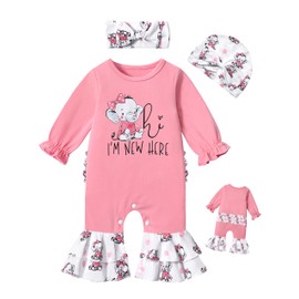 AGAPENG Baby Girl Clothes Preemie Clothes Girl hi I'm new here Elephant Pattern Ruffle Romper Onesie Flare Bell Bottom Jumpsuit with Headband Hat Pink 3Pcs Outfits Set
