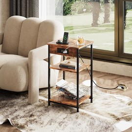 WLIVE End Table with Charging Station, Small Night Stand with 3 Storage Shelves, Side Tables for Small Spaces, Bedside Tables for Living Room, Bedroom, Rustic Brown