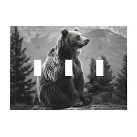 Spshian Light Switch Cover Plate Black White Bear Mountain Pine Trees Wilderness 3 Gang Triple Toggle Decorative Switch Plates Wall Plates Electrical Switchplate Faceplate for Bathroom Bedroom Decor