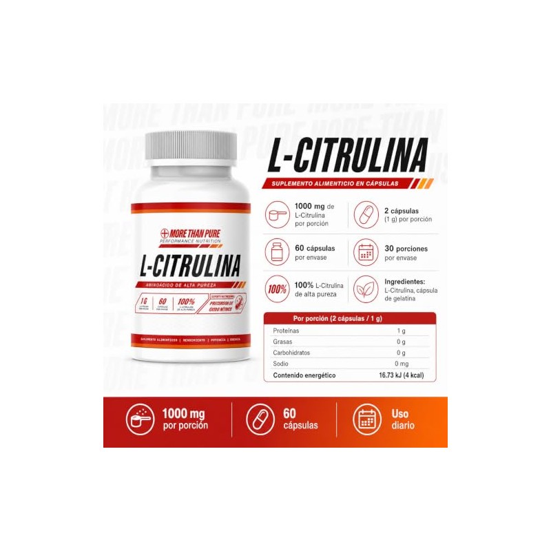 L-Citrulina 1000 mg, Suplemento Alimenticio, 60 Cápsulas, More Than Pure