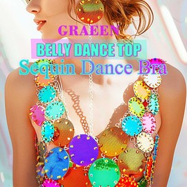 GRAEEN Belly Dance Sequin Crop Top Coin Tassel Rave Carnival Costume Bra Tops for Women(One SIze, A9-Light Blue)