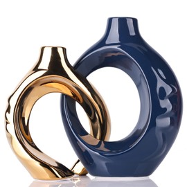 Blue Gold Ceramic Vase Set of 2 for Modern Home Decor,Round Boho Donut Vase for Pampas Grass, Neutral Minimalist Vase for Dining Room Table Centerpiece Dining Room, Wedding Table Decoration…