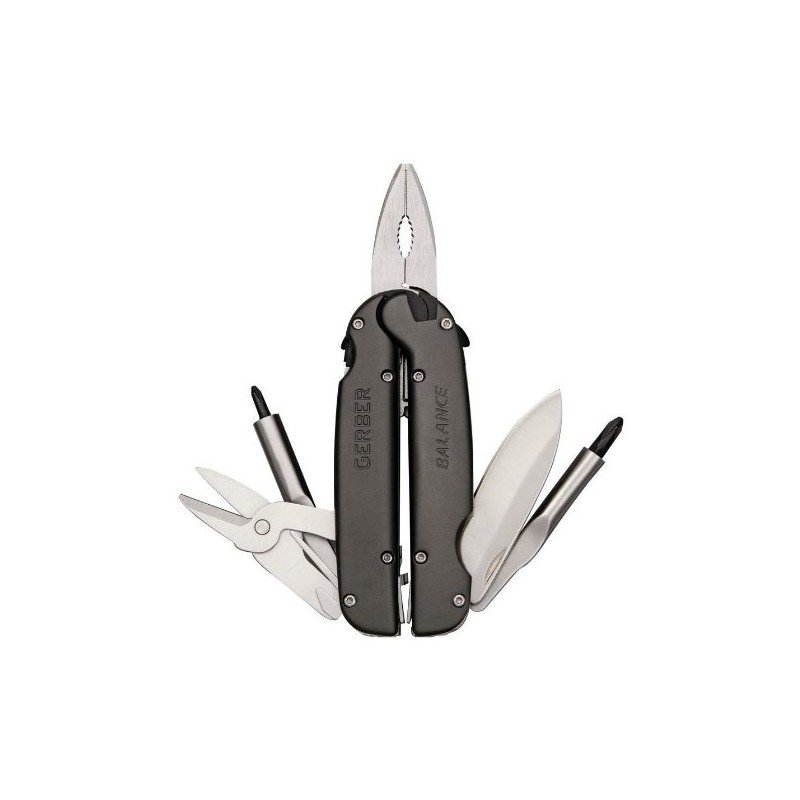Gerber Multi-Tool BALANCE, schiebbare Zange, Klinge, Teilsägezahnung, Schere, Bits, Pinzette,