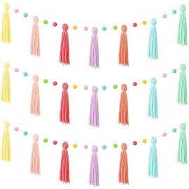 3Pcs Colorful Boho Tassel Garland,Each 130cm/51in Long 12 Balls Felt Ball Garland,Rainbow Pom Pom Tassel,for Kids Room Classroom Nursery Dorm Birthday Party Decorations (3pcs)