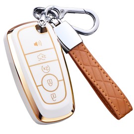 Cacacar for Ford Key Fob Cover, for Explorer Bronco Escape Edge Expedition Mustang F150 Fusion Ranger Lincoln Premium Soft TPU Full Protection Key Case Remote Key Holder (Size B-Ivory)