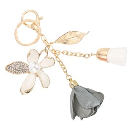 SUIKIHUM Flower Keychains, (15.5cm/6.1" Mini KeyChain) Rhinestone Tassel Leaf Pendant Car Key Ring for Women Girls Wallet Handbags Backpack, Gray