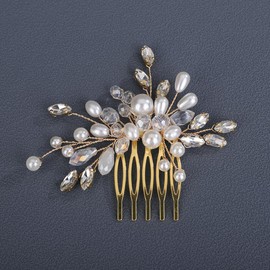 Teyglen Gold Bride Pearl Wedding Hair Comb Bridal Crystal Hair Side Comb Small Cute Rhinestone Pearl Hair Piece Hair Accessories for Women (Gold)