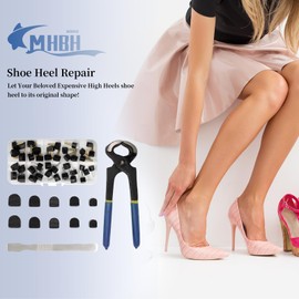 MHBH High Heel Replacement Tips, Shoe Heel Repair - 20 Pairs Heel Caps with Removal Pliers, U Shape Shoe Heel Repair Kit for Women's Shoes, 5 sizes (8-12mm), Pin 2.5mm and 3mm, Black
