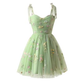 Embroidered Flower Tulle Dress Women Short Tie Strap Sleeveless Embroidery Floral Dress for Women Fairy Prom Dress Sweetheart Tulle Homecoming Dresses Ruched Formal Evening Party Gown Light Green XXL